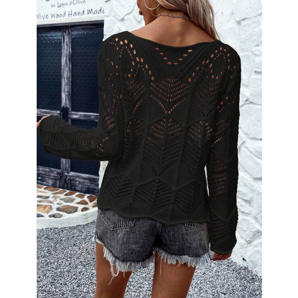 Black Hollow Out Knit Long Bell Sleeve Pullover Light Sweater Boat Neck - Picture 2 of 8